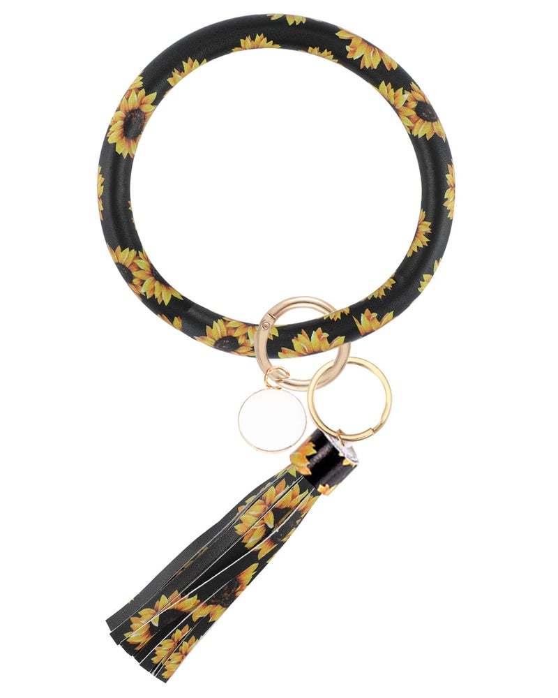 Weixiltc Large Circle Key Ring Leather Tassel Bracelet Holder Keychain Keyring For Women Girl (Sunflower) - Image 1